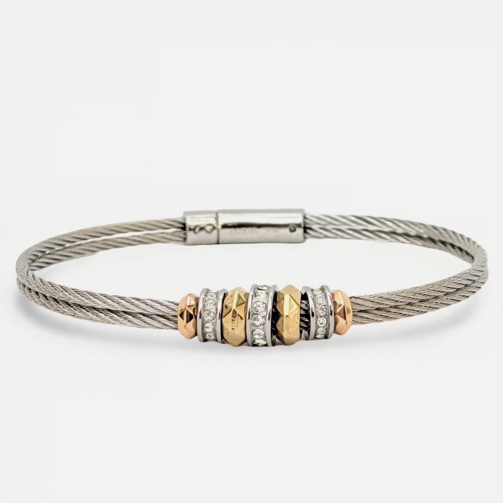 NWOT Fossil Silver and Gold Crystal Slider Beaded Cable Bracelet